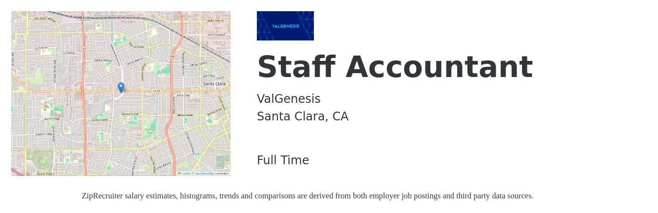 ValGenesis job posting for a Staff Accountant in Santa Clara, CA with a salary of $64,600 to $85,100 Yearly with a map of Santa Clara location.