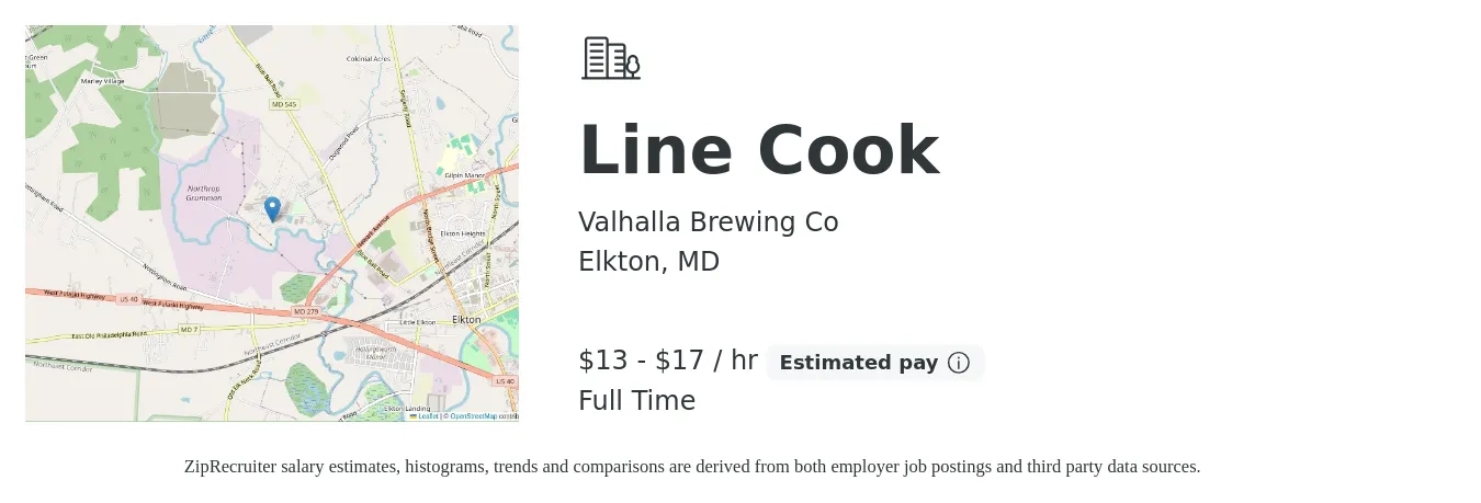Valhalla Brewing Co job posting for a Line Cook in Elkton, MD with a salary of $14 to $18 Hourly with a map of Elkton location.