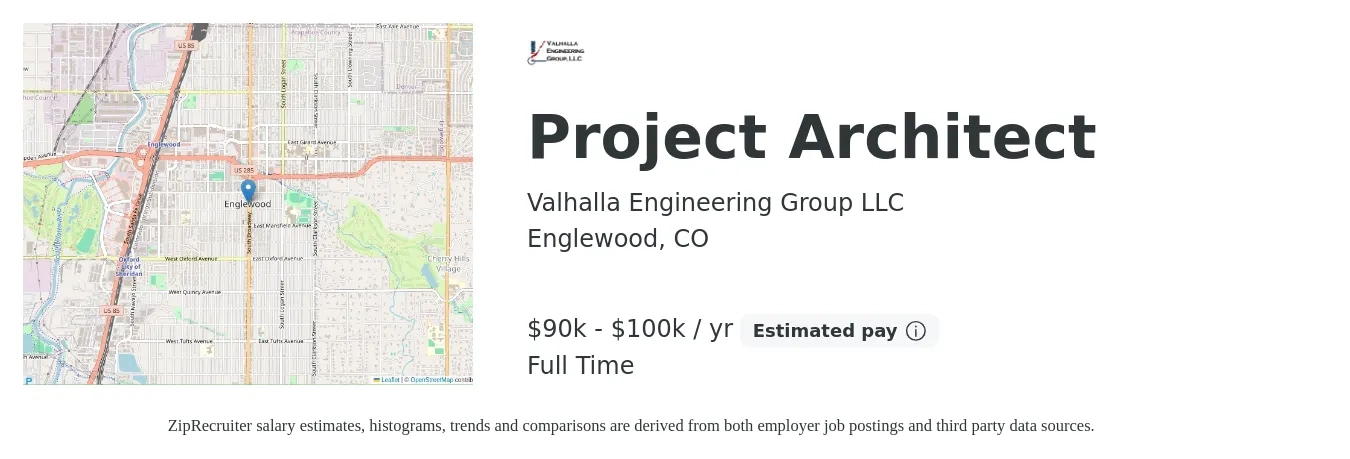 Valhalla Engineering Group LLC job posting for a Project Architect in Englewood, CO with a salary of $90,000 to $100,000 Yearly with a map of Englewood location.
