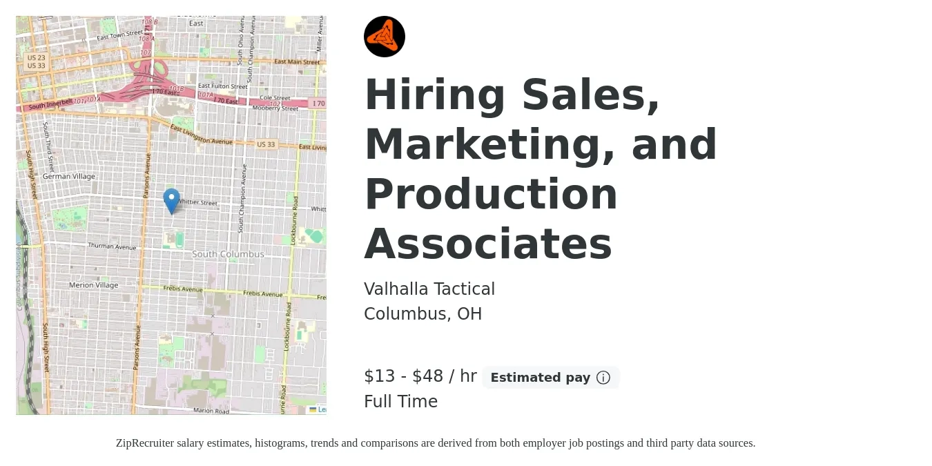 Valhalla Tactical job posting for a Hiring Sales, Marketing, and Production Associates in Columbus, OH with a salary of $14 to $50 Hourly (plus commission) with a map of Columbus location.