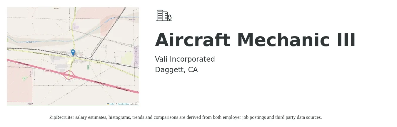 Vali Incorporated job posting for a Aircraft Mechanic III in Daggett, CA with a salary of $30 to $39 Hourly with a map of Daggett location.