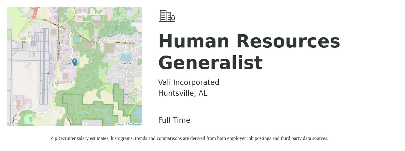 Vali Incorporated job posting for a Human Resources Generalist in Huntsville, AL with a salary of $48,400 to $68,900 Yearly with a map of Huntsville location.