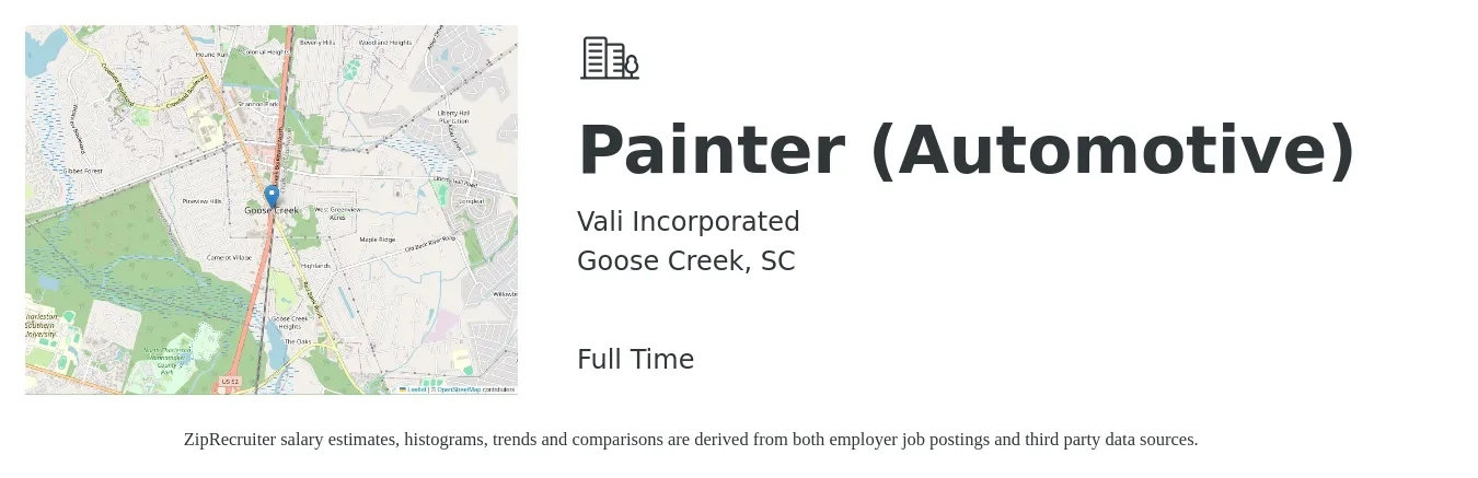 Vali Incorporated job posting for a Painter (Automotive) in Goose Creek, SC with a salary of $19 to $28 Hourly with a map of Goose Creek location.