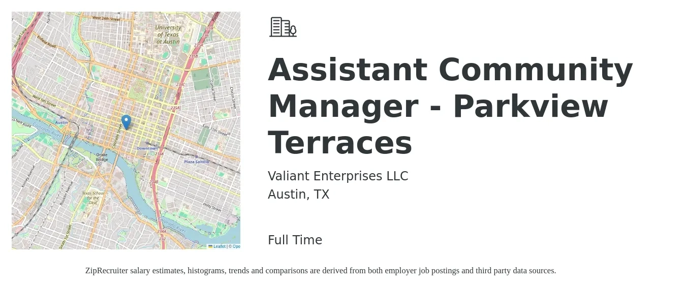 Valiant Enterprises LLC job posting for a Assistant Community Manager - Parkview Terraces in Austin, TX with a salary of $19 to $23 Hourly with a map of Austin location.