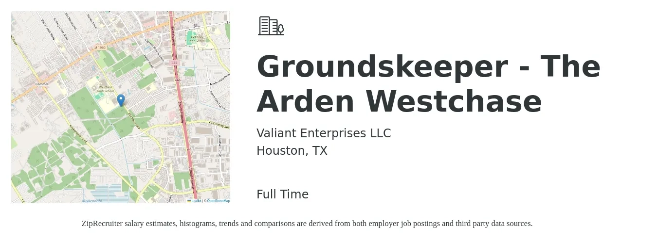 Valiant Enterprises LLC job posting for a Groundskeeper - The Arden Westchase in Houston, TX with a salary of $14 to $18 Hourly with a map of Houston location.