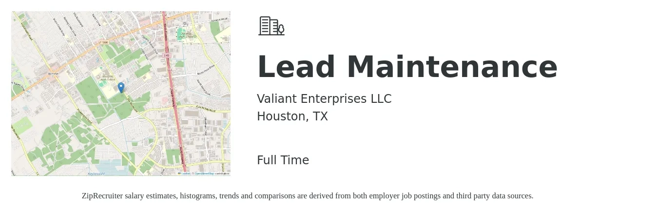 Valiant Enterprises LLC job posting for a Lead Maintenance in Houston, TX with a salary of $23 to $38 Hourly with a map of Houston location.