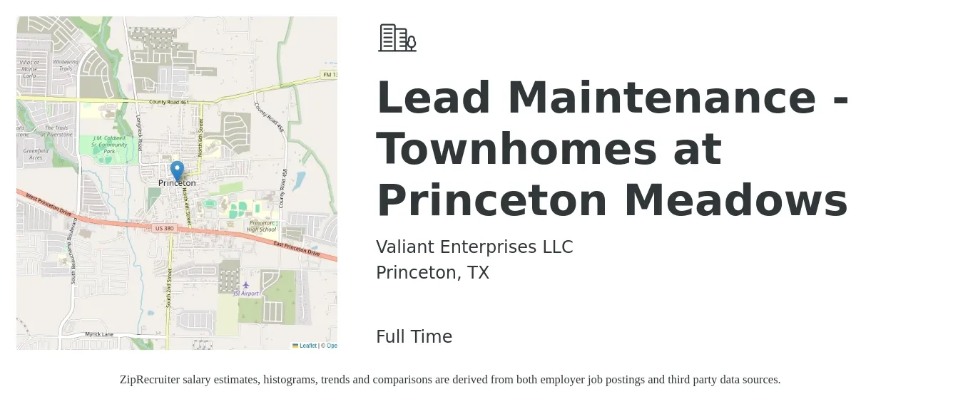 Valiant Enterprises LLC job posting for a Lead Maintenance - Townhomes at Princeton Meadows in Princeton, TX with a salary of $20 to $28 Hourly with a map of Princeton location.
