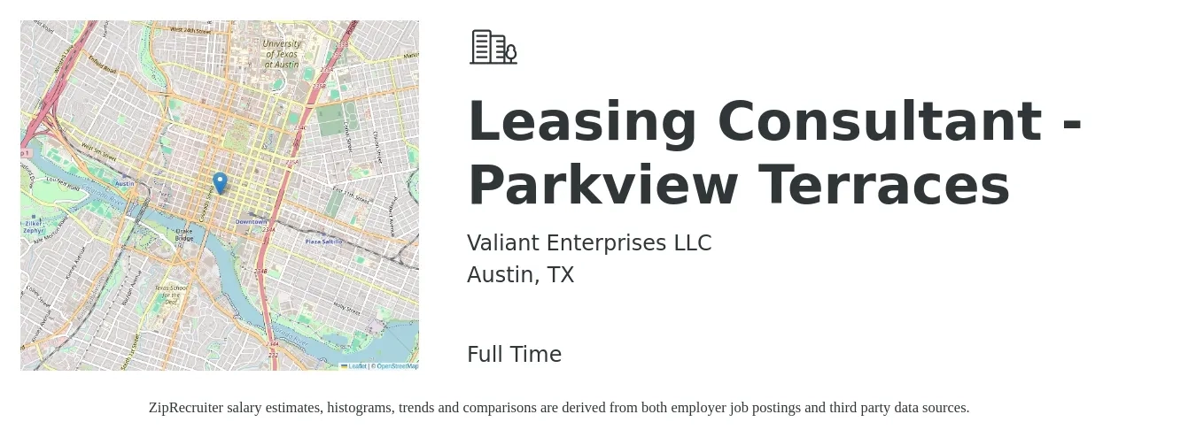 Valiant Enterprises LLC job posting for a Leasing Consultant - Parkview Terraces in Austin, TX with a salary of $16 to $19 Hourly with a map of Austin location.