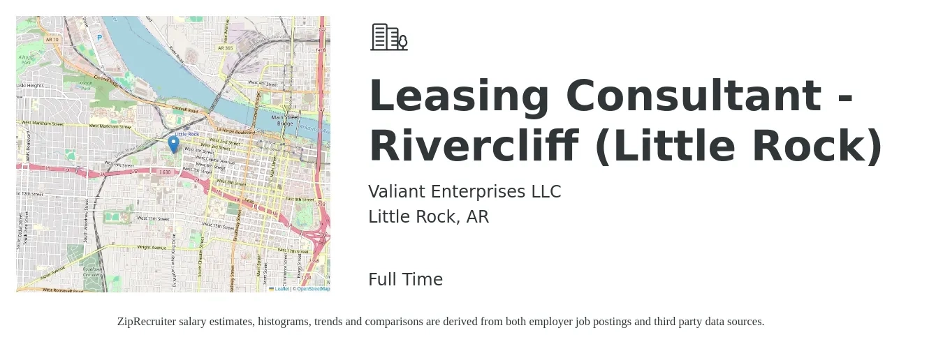 Valiant Enterprises LLC job posting for a Leasing Consultant - Rivercliff (Little Rock) in Little Rock, AR with a salary of $15 to $18 Hourly with a map of Little Rock location.