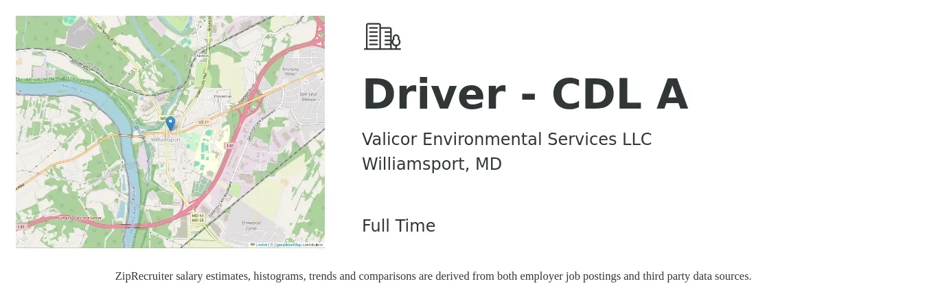 Valicor Environmental Services LLC job posting for a Driver - CDL A in Williamsport, MD with a salary of $23 to $39 Hourly with a map of Williamsport location.