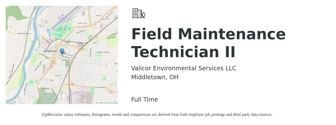 Valicor Environmental Services LLC job posting for a Field Maintenance Technician II in Middletown, OH with a salary of $19 to $26 Hourly with a map of Middletown location.