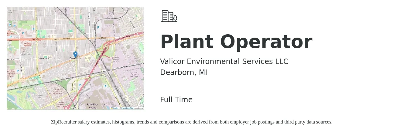 Valicor Environmental Services LLC job posting for a Plant Operator in Dearborn, MI with a salary of $16 to $24 Hourly with a map of Dearborn location.