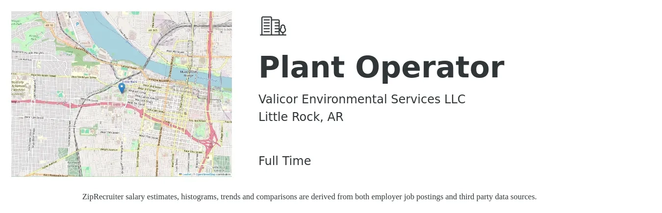 Valicor Environmental Services LLC job posting for a Plant Operator in Little Rock, AR with a salary of $15 to $24 Hourly with a map of Little Rock location.