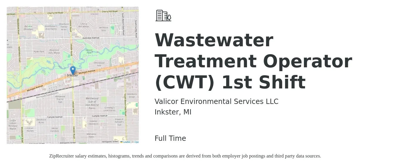 Valicor Environmental Services LLC job posting for a Wastewater Treatment Operator (CWT) 1st Shift in Inkster, MI with a salary of $20 to $28 Hourly with a map of Inkster location.