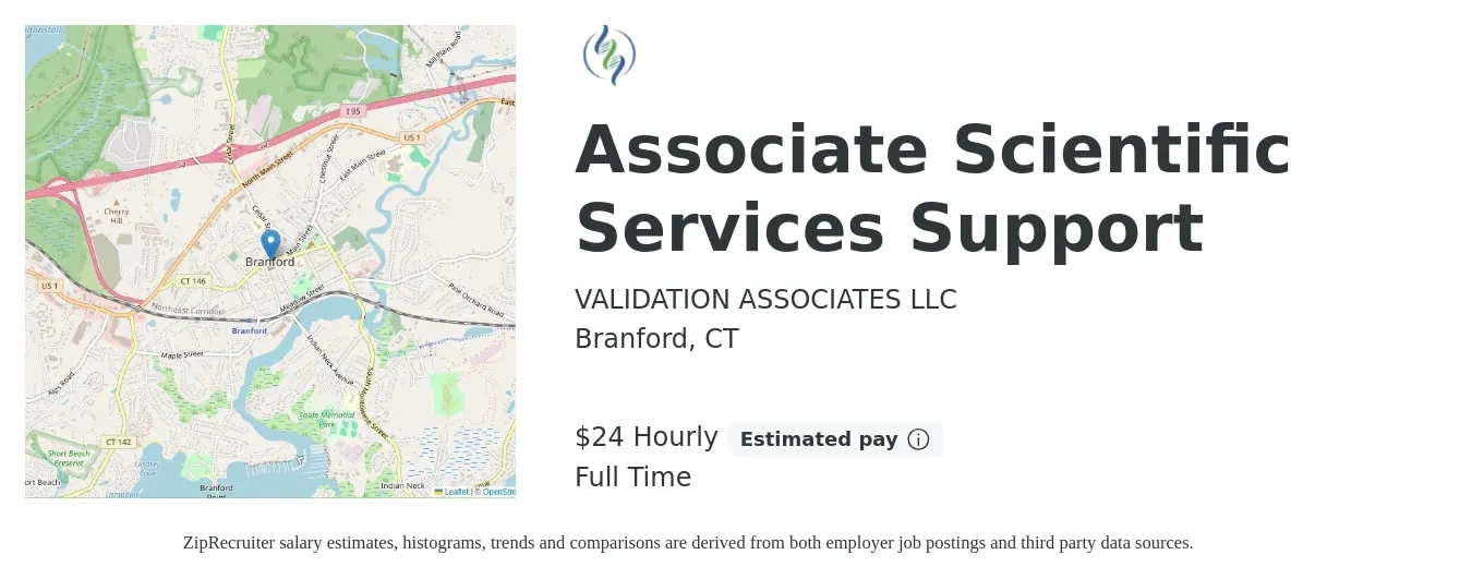 VALIDATION ASSOCIATES LLC job posting for a Associate Scientific Services Support in Branford, CT with a salary of $25 Hourly with a map of Branford location.