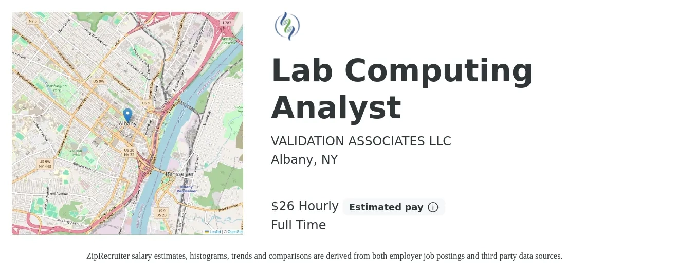 VALIDATION ASSOCIATES LLC job posting for a Lab Computing Analyst in Albany, NY with a salary of $28 Hourly with a map of Albany location.
