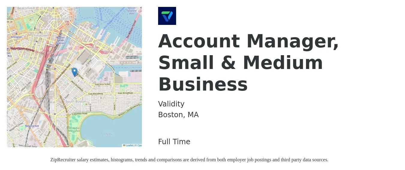 Validity job posting for a Account Manager, Small & Medium Business in Boston, MA with a salary of $52,000 to $85,000 Yearly with a map of Boston location.