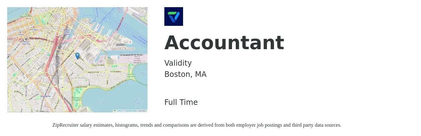 Validity job posting for a Accountant in Boston, MA with a salary of $57,900 to $85,000 Yearly with a map of Boston location.