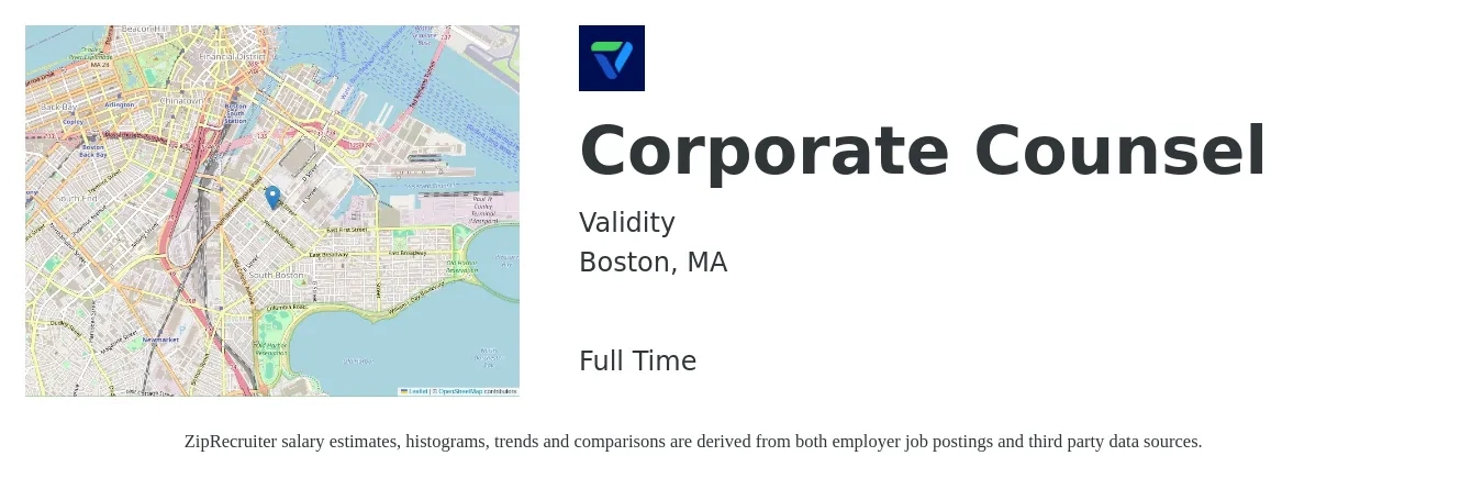 Validity job posting for a Corporate Counsel in Boston, MA with a salary of $140,800 to $198,800 Yearly with a map of Boston location.