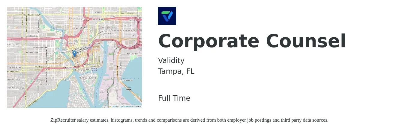 Validity job posting for a Corporate Counsel in Tampa, FL with a salary of $122,900 to $173,400 Yearly with a map of Tampa location.
