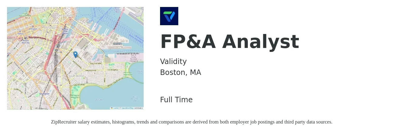 Validity job posting for a FP&A Analyst in Boston, MA with a salary of $75,800 to $119,700 Yearly with a map of Boston location.
