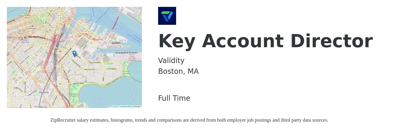 Validity job posting for a Key Account Director in Boston, MA with a salary of $61,200 to $208,000 Yearly with a map of Boston location.