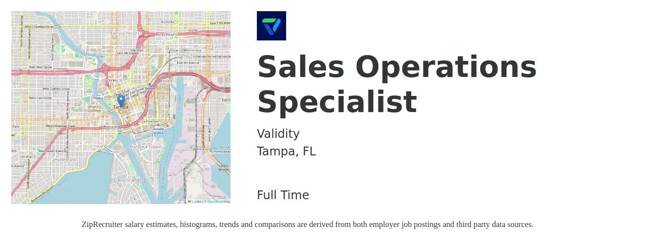 Validity job posting for a Sales Operations Specialist in Tampa, FL with a salary of $23 to $30 Hourly with a map of Tampa location.