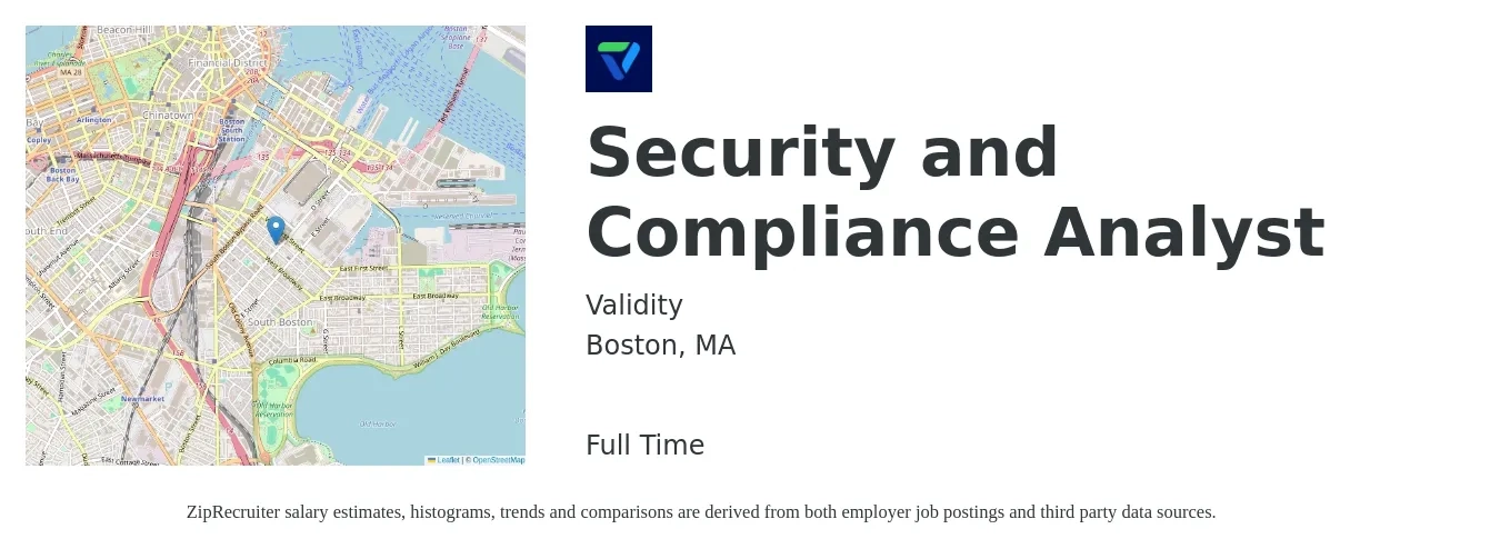 Validity job posting for a Security and Compliance Analyst in Boston, MA with a salary of $92,900 to $135,800 Yearly with a map of Boston location.