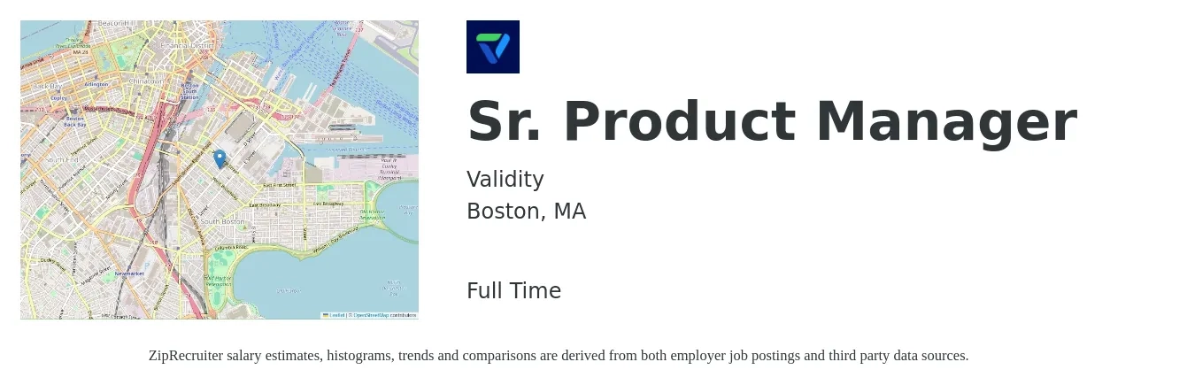 Validity job posting for a Sr. Product Manager in Boston, MA with a salary of $137,000 to $180,900 Yearly with a map of Boston location.