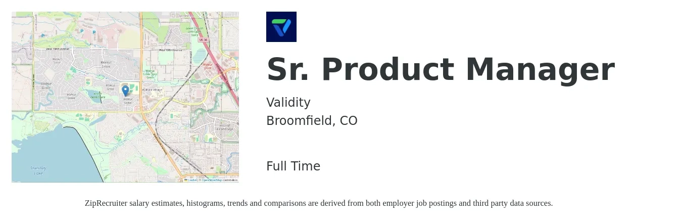 Validity job posting for a Sr. Product Manager in Broomfield, CO with a salary of $126,900 to $167,600 Yearly with a map of Broomfield location.
