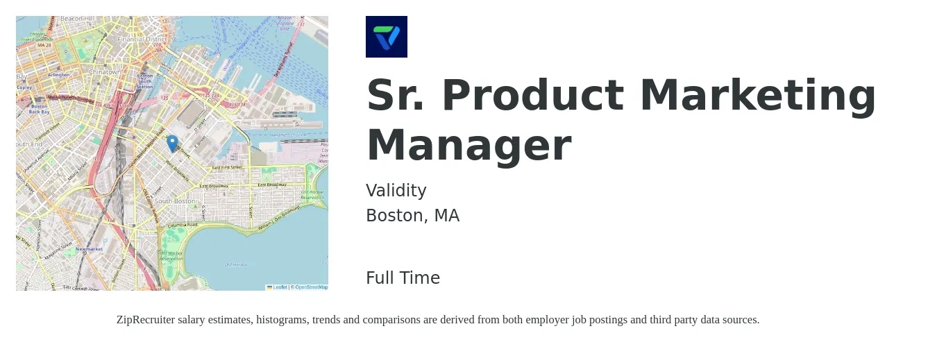 Validity job posting for a Sr. Product Marketing Manager in Boston, MA with a salary of $131,100 to $171,700 Yearly with a map of Boston location.