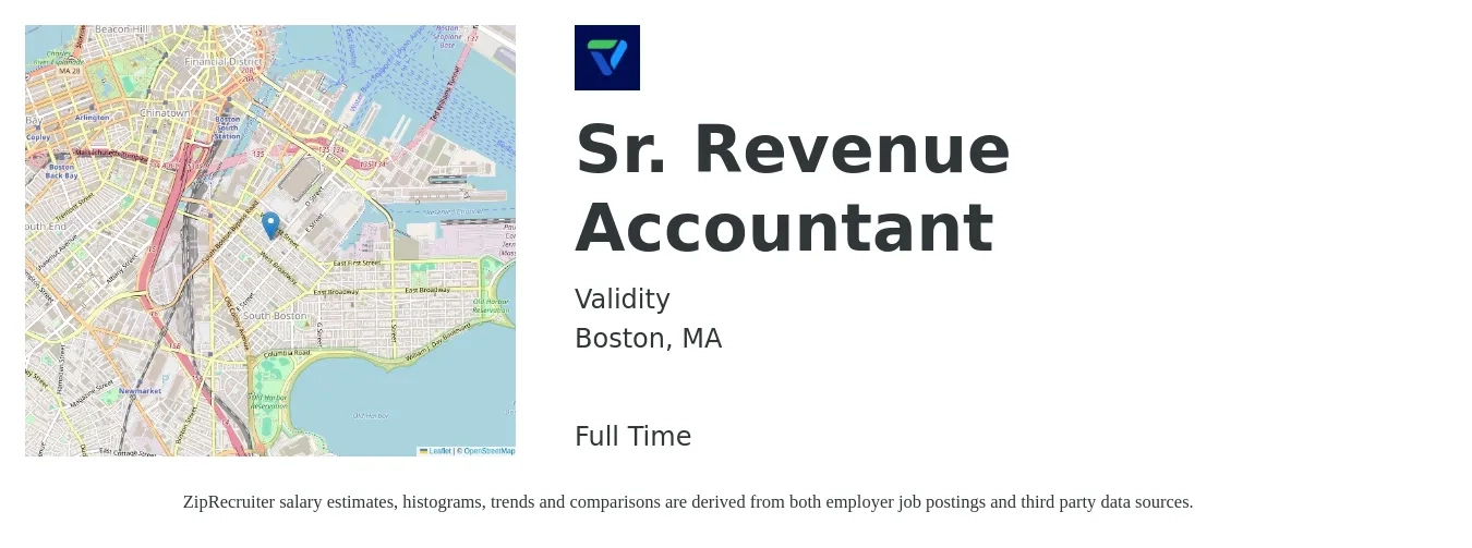Validity job posting for a Sr. Revenue Accountant in Boston, MA with a salary of $87,200 to $113,700 Yearly with a map of Boston location.