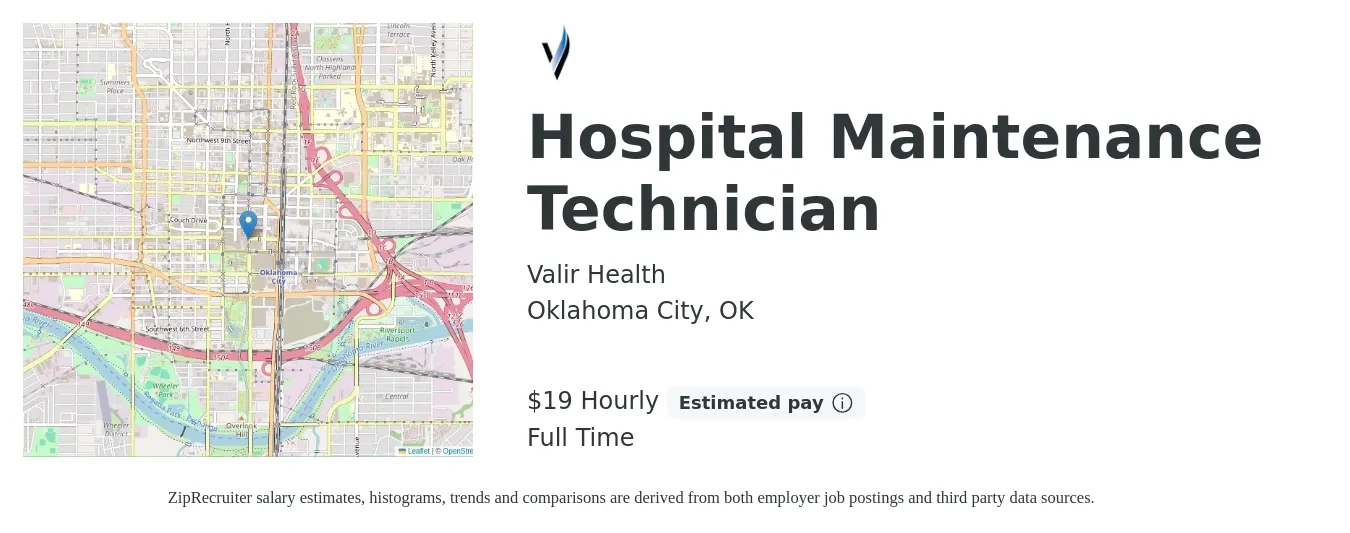 Valir Health job posting for a Hospital Maintenance Technician in Oklahoma City, OK with a salary of $20 Hourly with a map of Oklahoma City location.