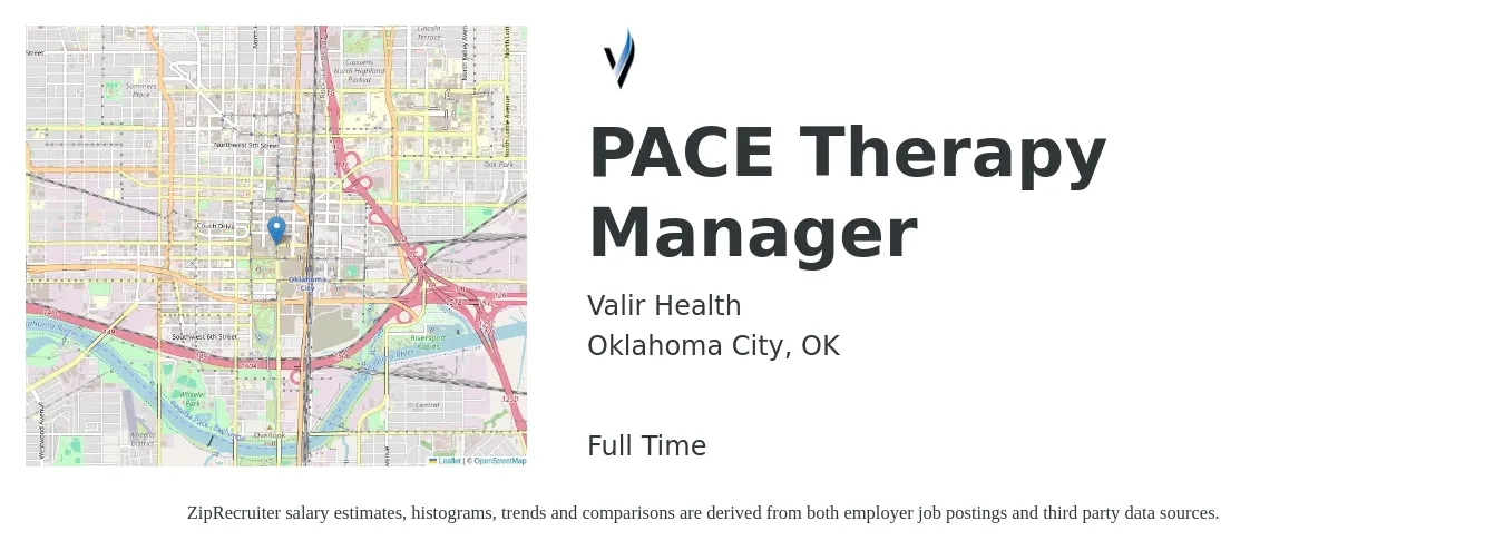 Valir Health job posting for a PACE Therapy Manager in Oklahoma City, OK with a salary of $39,000 to $63,600 Yearly with a map of Oklahoma City location.