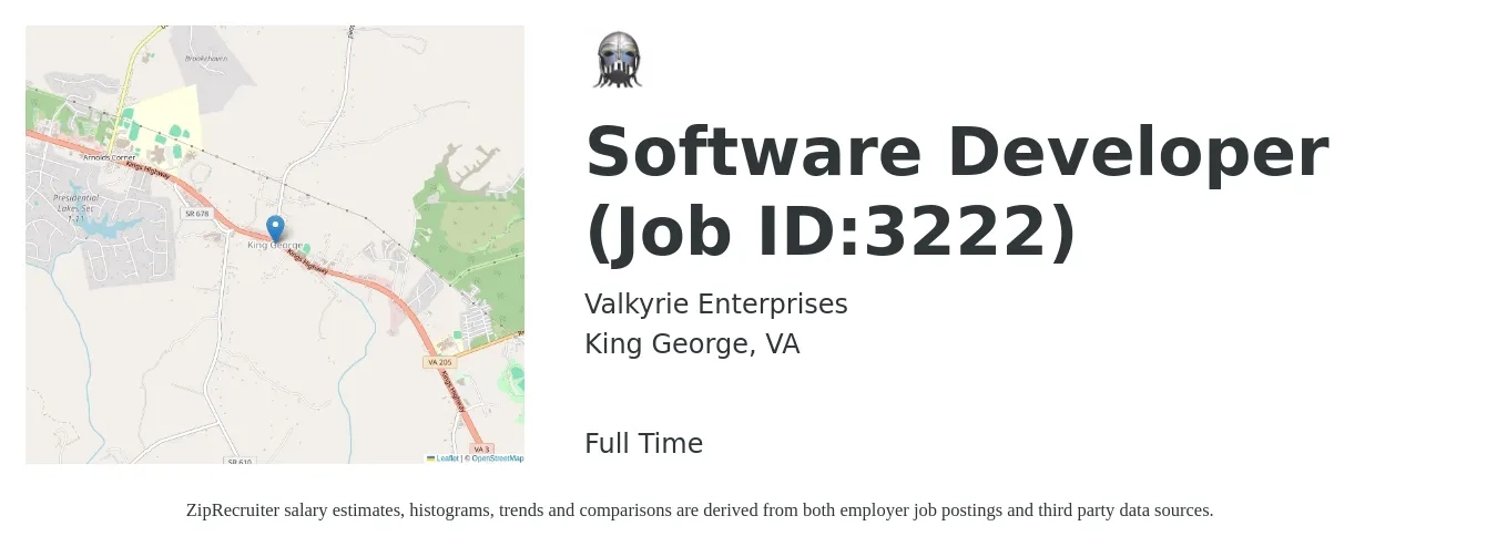 Valkyrie Enterprises job posting for a Software Developer (Job ID:3222) in King George, VA with a salary of $84,000 to $121,400 Yearly with a map of King George location.