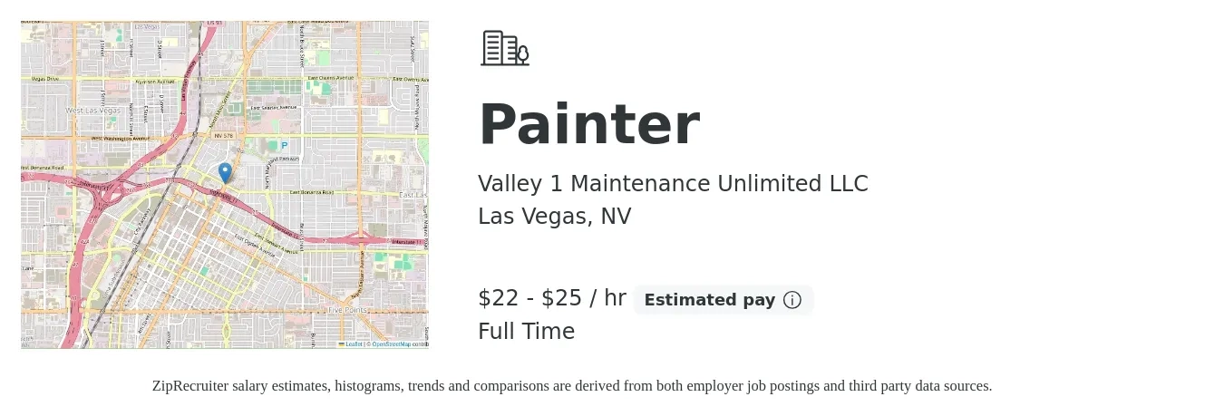 Valley 1 Maintenance Unlimited LLC job posting for a Painter in Las Vegas, NV with a salary of $24 to $27 Hourly with a map of Las Vegas location.