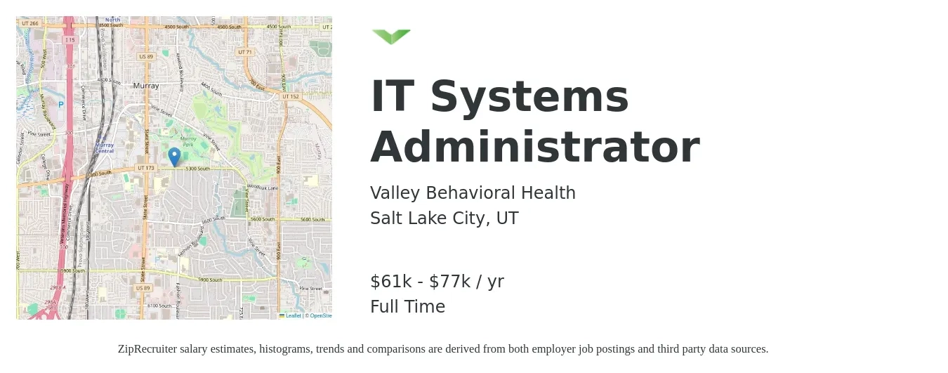 Valley Behavioral Health job posting for a IT Systems Administrator in Salt Lake City, UT with a salary of $61,818 to $77,272 Yearly with a map of Salt Lake City location.