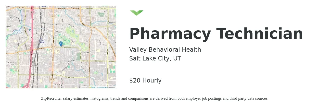 Valley Behavioral Health job posting for a Pharmacy Technician in Salt Lake City, UT with a salary of $21 to $26 Hourly with a map of Salt Lake City location.