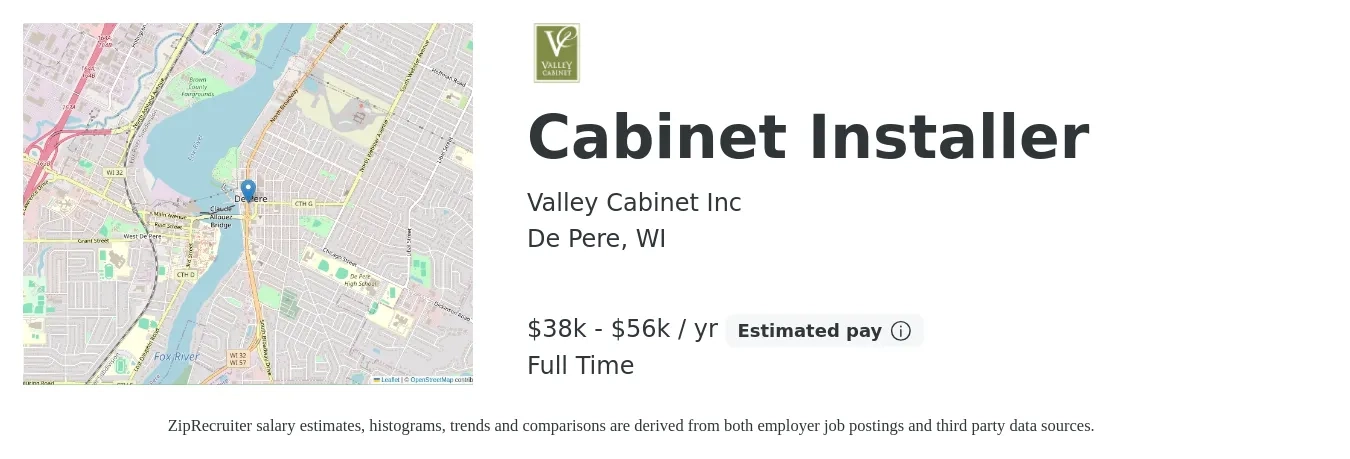 Valley Cabinet Inc job posting for a Cabinet Installer in De Pere, WI with a salary of $38,000 to $56,000 Yearly with a map of De Pere location.