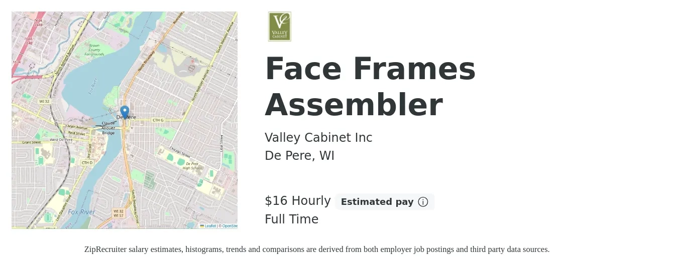 Valley Cabinet Inc job posting for a Face Frames Assembler in De Pere, WI with a salary of $17 Hourly with a map of De Pere location.