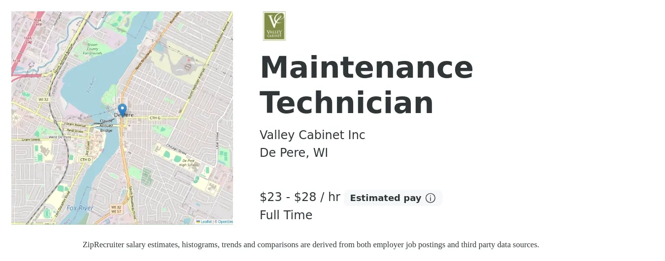 Valley Cabinet Inc job posting for a Maintenance Technician in De Pere, WI with a salary of $24 to $30 Hourly with a map of De Pere location.