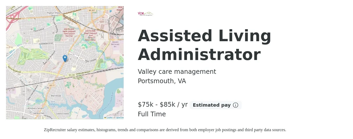 Valley care management job posting for a Assisted Living Administrator in Portsmouth, VA with a salary of $75,000 to $85,000 Yearly with a map of Portsmouth location.