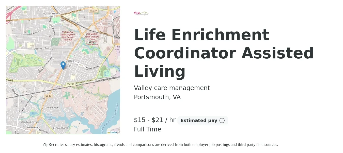 Valley care management job posting for a Life Enrichment Coordinator Assisted Living in Portsmouth, VA with a salary of $16 to $22 Hourly with a map of Portsmouth location.