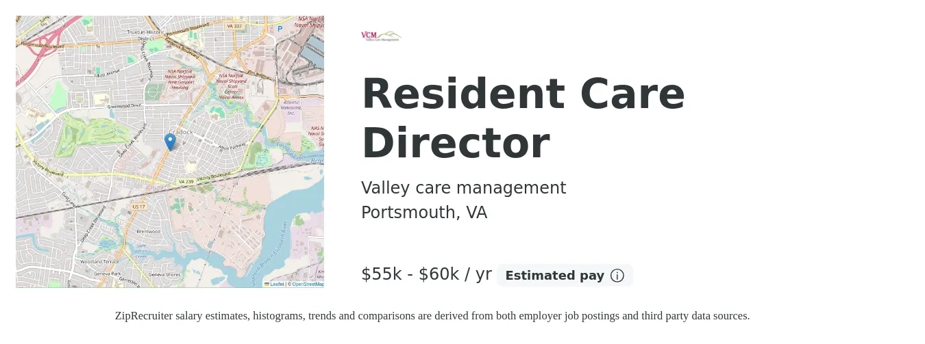 Valley care management job posting for a Resident Care Director in Portsmouth, VA with a salary of $55,000 to $60,000 Yearly with a map of Portsmouth location.