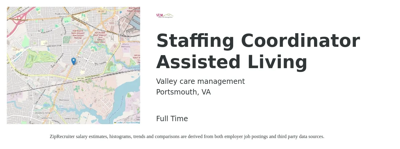 Valley care management job posting for a Staffing Coordinator Assisted Living in Portsmouth, VA with a salary of $18 to $23 Hourly with a map of Portsmouth location.