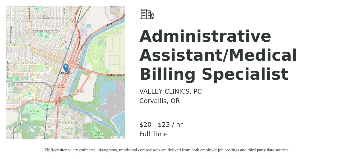 VALLEY CLINICS, PC job posting for a Administrative Assistant/Medical Billing Specialist in Corvallis, OR with a salary of $21 to $24 Hourly with a map of Corvallis location.