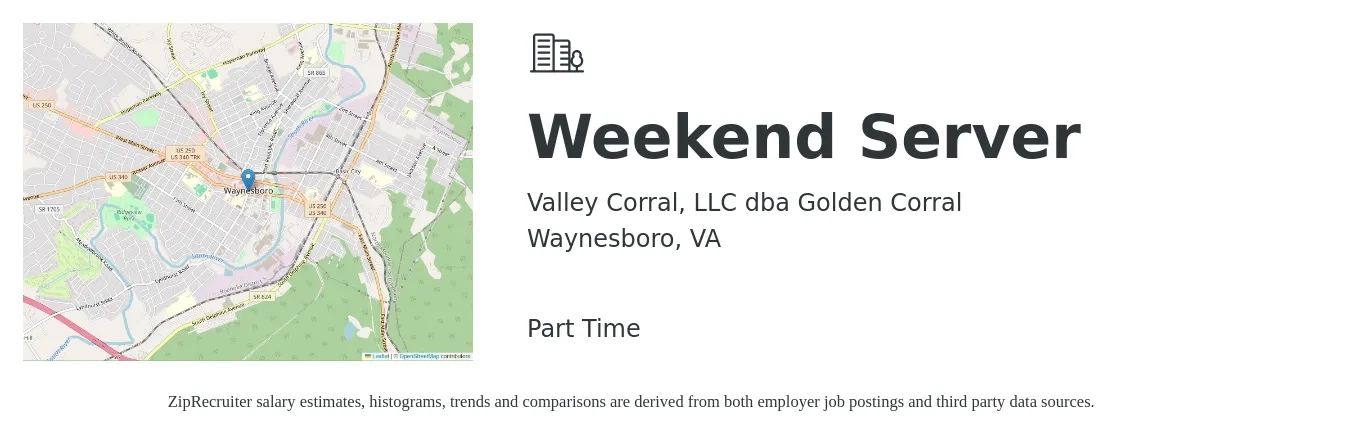 Valley Corral, LLC dba Golden Corral job posting for a Weekend Server in Waynesboro, VA with a salary of $10 to $17 Hourly with a map of Waynesboro location.