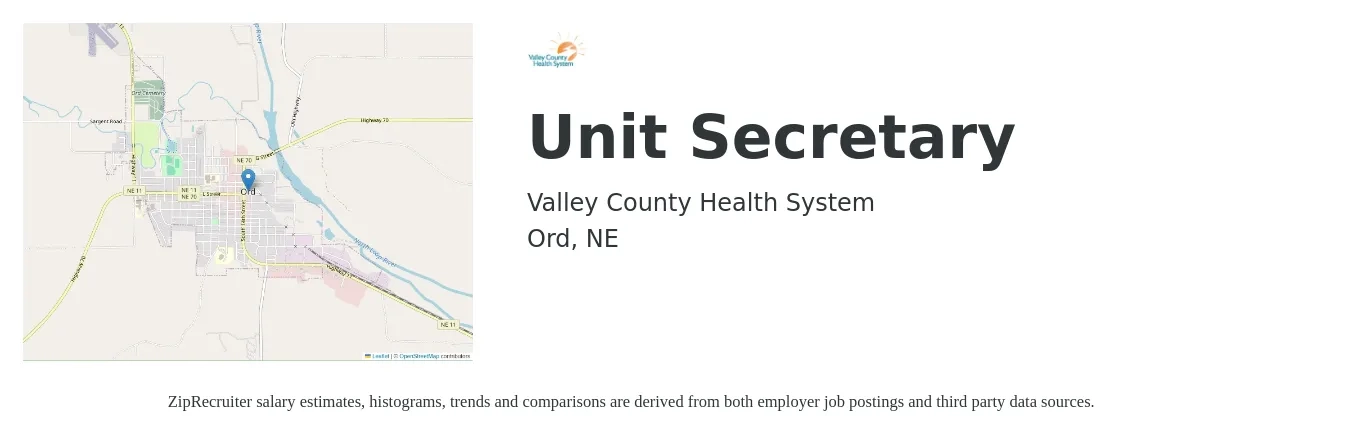 Valley County Health System job posting for a Unit Secretary in Ord, NE with a salary of $43,000 to $52,600 Yearly with a map of Ord location.