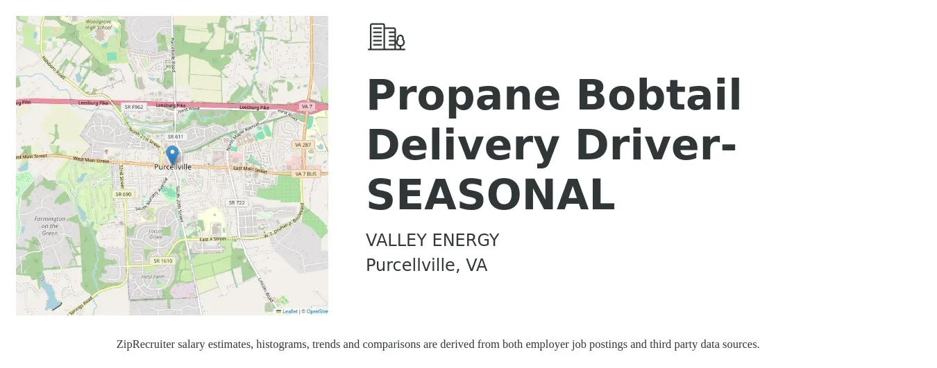 VALLEY ENERGY job posting for a Propane Bobtail Delivery Driver-SEASONAL in Purcellville, VA with a salary of $20 to $24 Hourly with a map of Purcellville location.