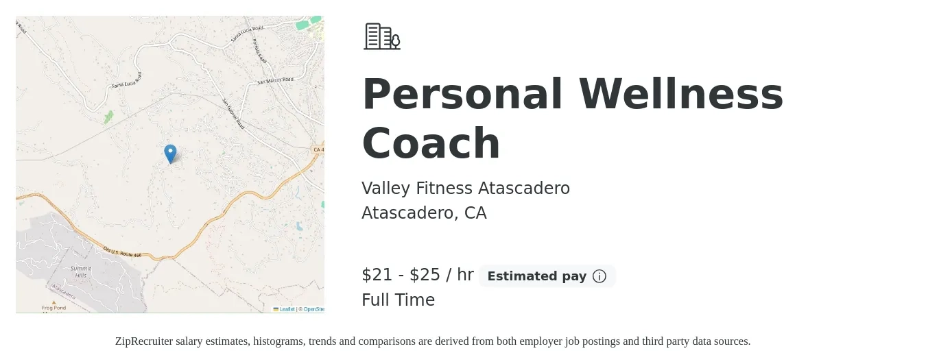 Valley Fitness Atascadero job posting for a Personal Wellness Coach in Atascadero, CA with a salary of $22 to $27 Hourly with a map of Atascadero location.